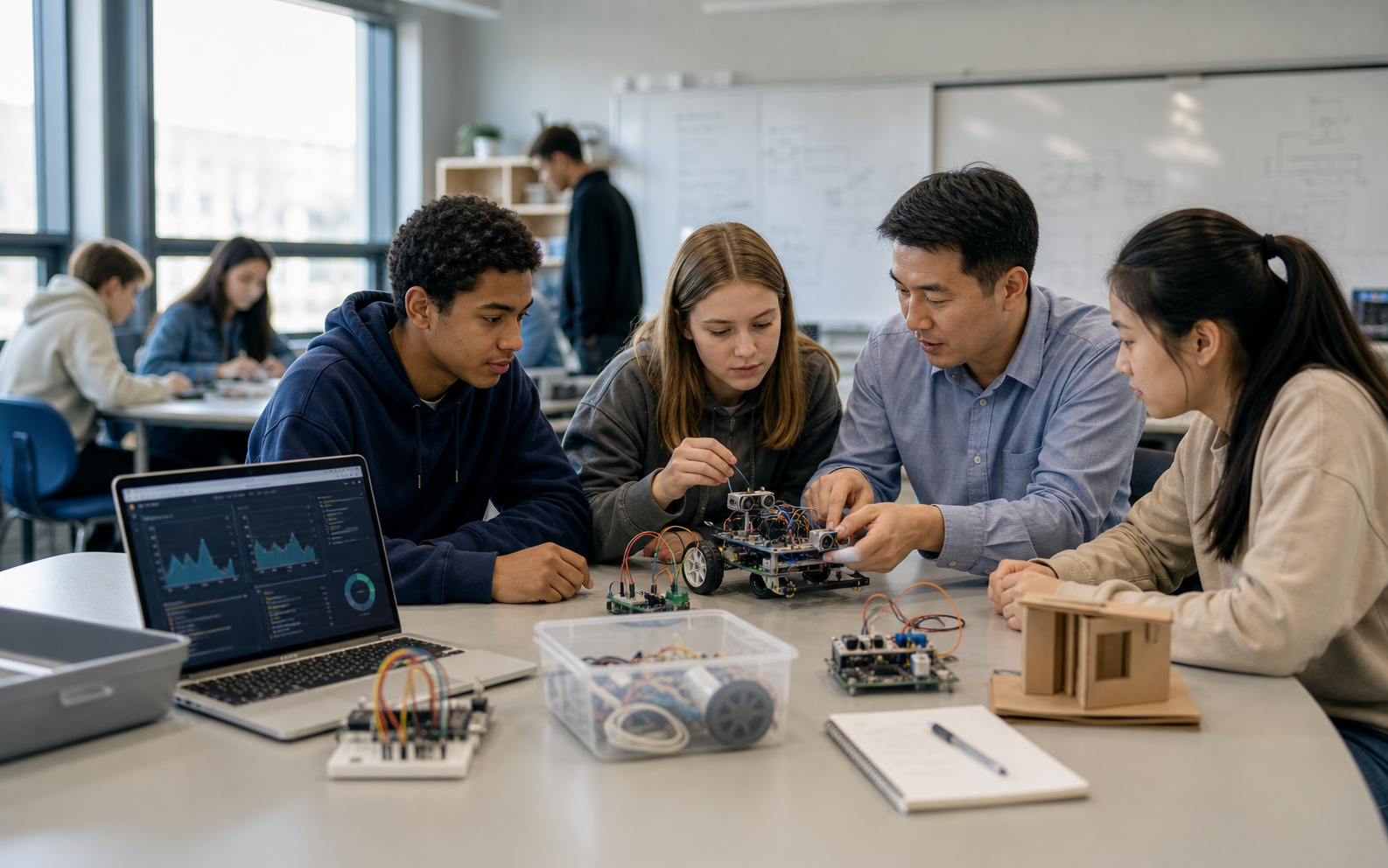 Students and mentor working on robotics and STEM project verification in a modern lab